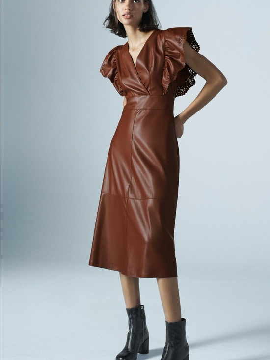 Zara Dresses & Skirts - Zara faux leather Brown Midi Dress with Ruffle Sleeves